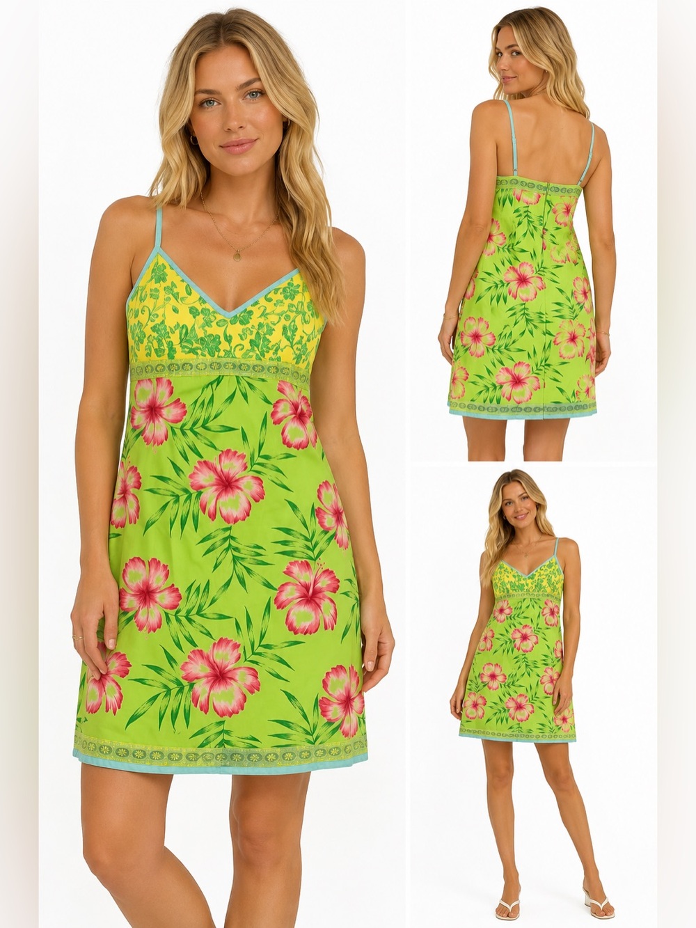 Roxy Lime Green Floral Midi Dress with Pink Hibiscus